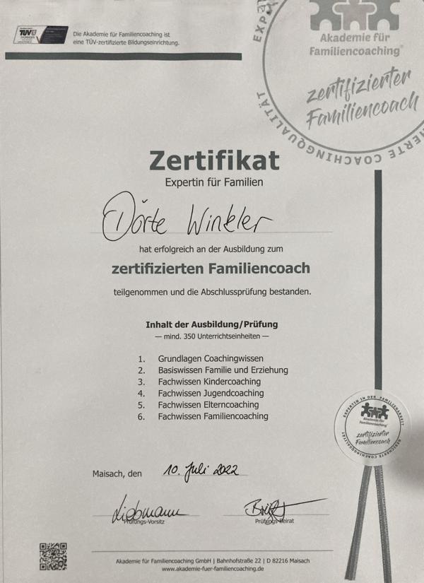 Familiencoach Dörte Winkler Zertifikat